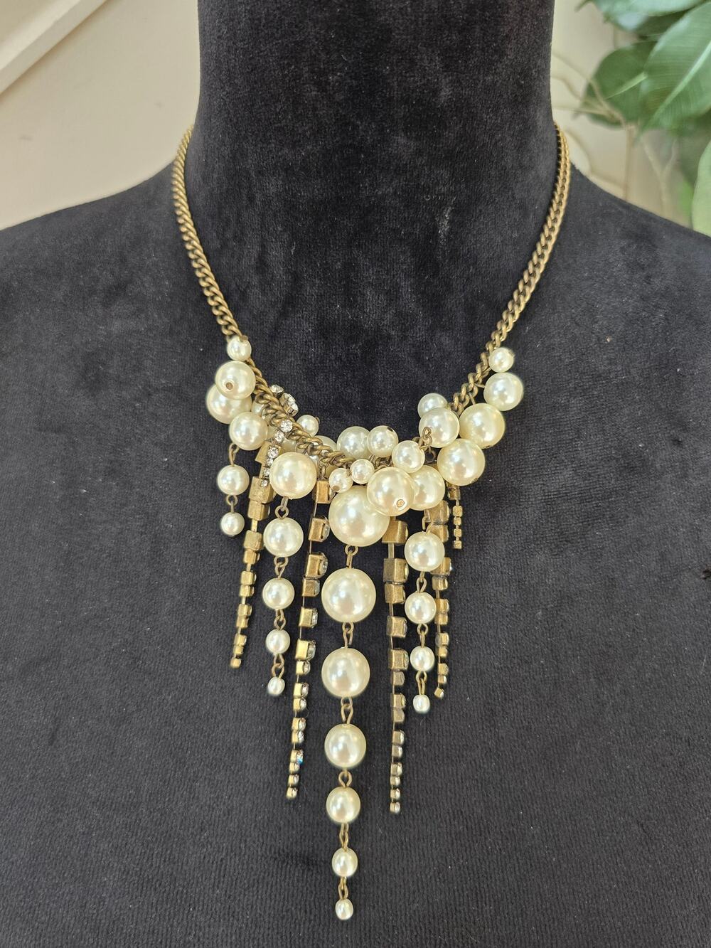 Faux Pearl Gold Tone Cascading Fringe Statement Necklace Elegant Fashion Jewelry
